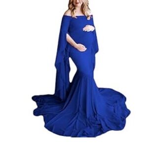Maternity Dress Royal Blue Long Sleeve Maxi with Draped Sleeves Gown Photoshoot